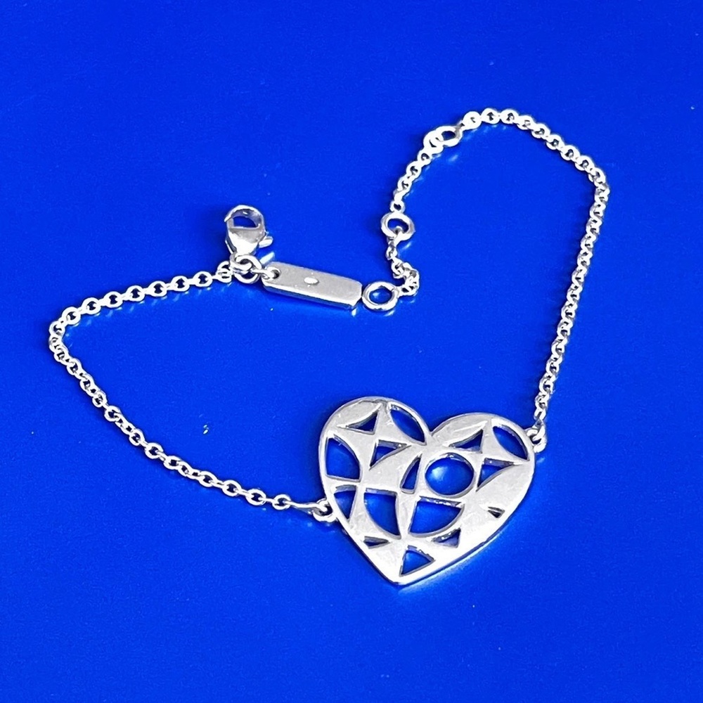 Sterling silver bracelet 925 heart charm tag chain link 3D cutouts - Picture 2 of 9
